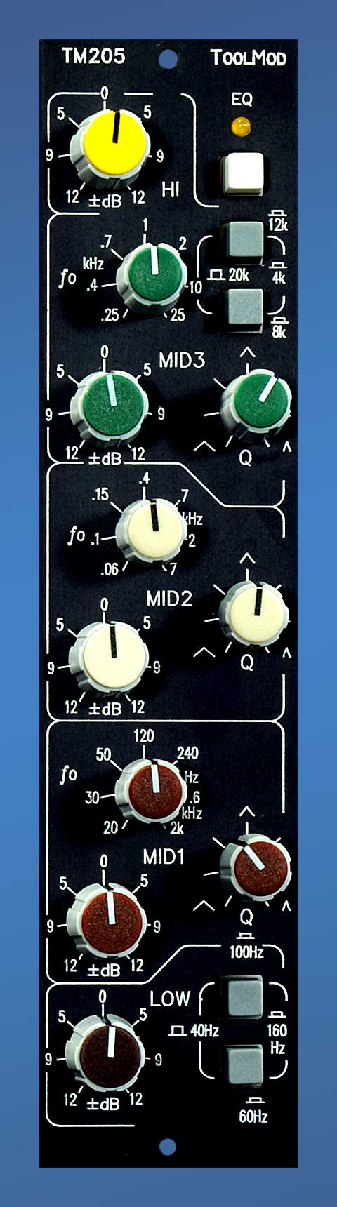 Stereo Mastering Equalizer with 12 dB Control Range, vertical Version