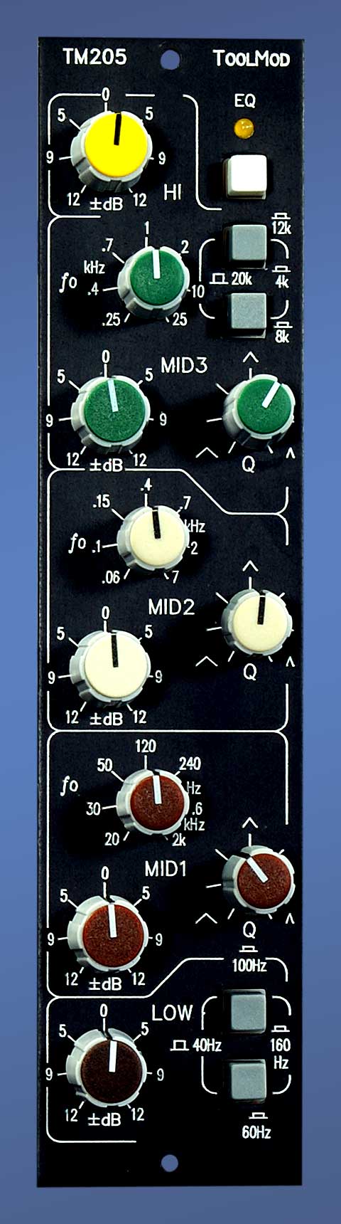 Stereo Mastering Equalizer with 20 dB Control Range, vertical Version