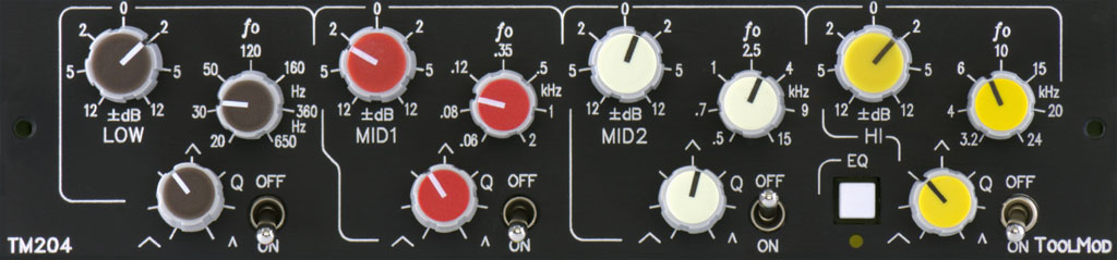 fully parametric 4-Band Stereo Mastering Equalizer with Bypass Switches per Band and 12 dB Boost/Cut Range, horizontal Version