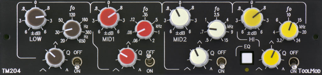 fully parametric 4-Band Stereo Mastering Equalizer with Bypass Switches per Band and 6 dB Boost/Cut Range, horizontal Version