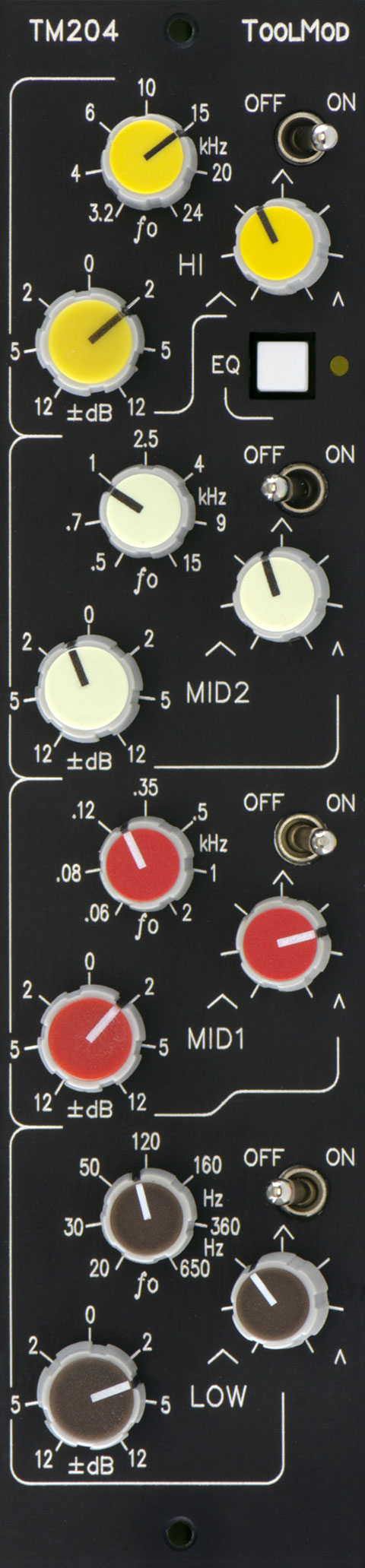 fully parametric 4-Band Stereo Mastering Equalizer with Bypass Switches per Band and 12 dB Boost/Cut Range, vertical Version