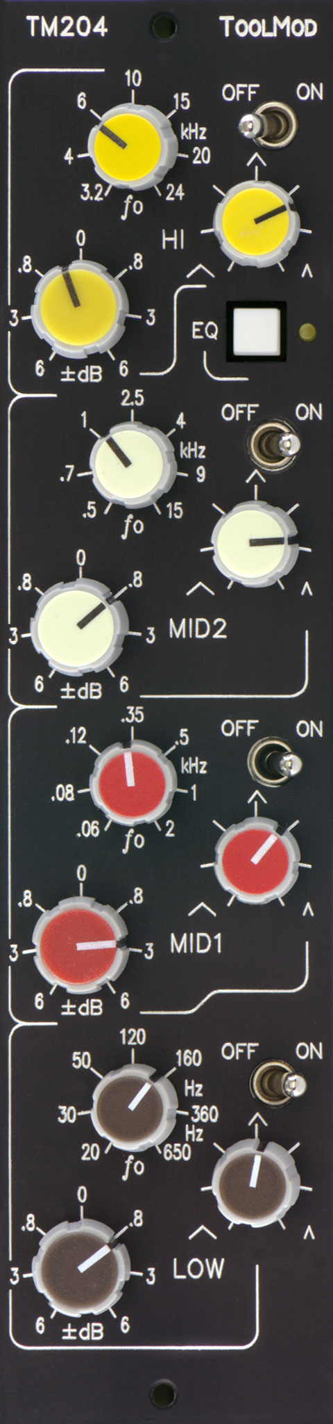 fully parametric 4-Band Stereo Mastering Equalizer with Bypass Switches per Band and 6 dB Boost/Cut Range, vertical Version