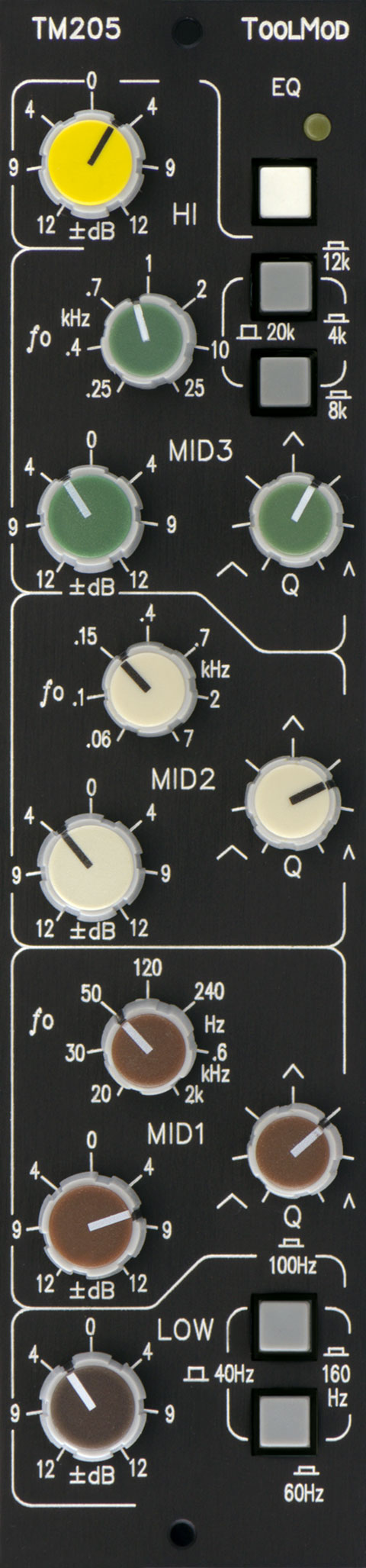 Stereo Mastering Equalizer with 12 dB Control Range, vertical Version