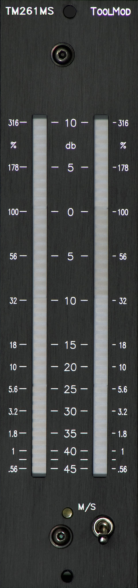 Stereo Peakmeter with L/R or M/S Display, Range +10 to -45 dB, vertical Version